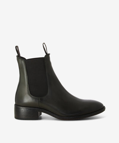 Khaki leather Chelsea boots featuring elastic gussets, pull tabs and a low stacked heel.