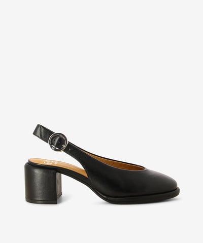 Black leather slingback mules by Eos. It features a slingback with a pin-buckle fixture, leather wrapped block heel, and a round toe.