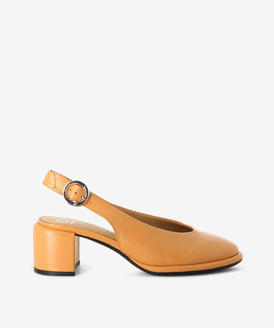 Orange crinkle leather slingback mules by Eos. It features a slingback with a pin-buckle fixture, leather wrapped block heel, and a round toe.