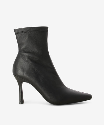 Black leather ankle boots by Siren. It features a stiletto heel, inner zip fastening, and a pointed toe.