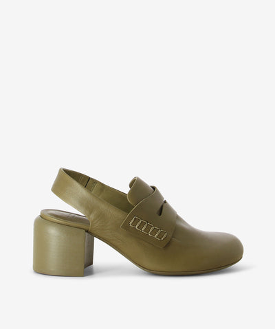 Green leather slingback heeled loafer by Officine Creative. It has an elasticated back strap, block heel, and rounded toe.