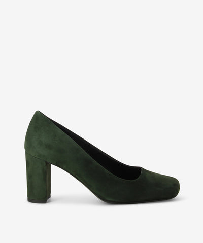 Green suede pumps with a slip-on style and features a block heel and an anatomic square toe.