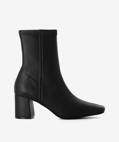 Black fitted ankle boot with inner zip fastening, seaming detail, block heel and square toe by Siren.