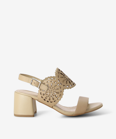 Tan leather sandals by Bruno Premi. It features a geometric lasercut upper, rear strap with an adjustable pin-buckle fixture, and a round toe.