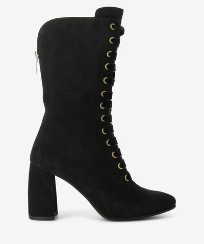 Black suede heeled boots by Rotelli. It features a rear zip closure with lace detailing, a high block heel, and a round toe.