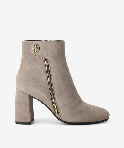Taupe suede boots by Rotelli. It has a side zipper with snap-button closure, block heel, and a soft pointed toe.