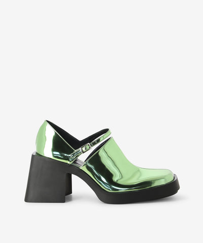 Metallic green leather mary-janes by Justine Clenquet. It has an adjusted pin-buckle strap across the instep and features a chunky block heel and a square toe.