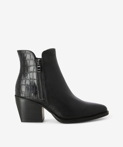Black croc leather ankle boots with an inner and outer zip fastenings and features a stacked heel and a pointed toe.