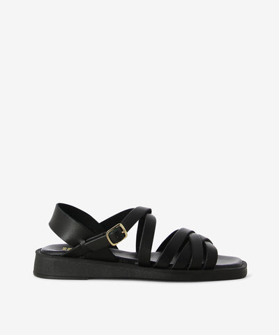 Black leather sandals by Nu by Neo. It has an ankle strap with an adjustable pin-buckle fastening and features a strappy upper, extra cushioned footbed and a soft square toe.