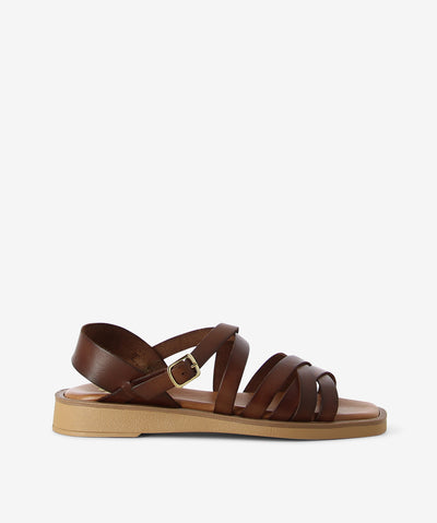 Brown leather sandals by Nu by Neo. It has an ankle strap with an adjustable pin-buckle fastening and features a strappy upper, extra cushioned footbed and a soft square toe.