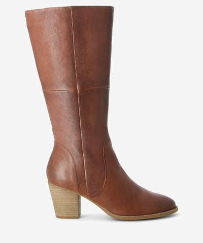 Brown leather knee-high boots by Martini Marco. It has an inner zip fastening, block heel, and a round toe.