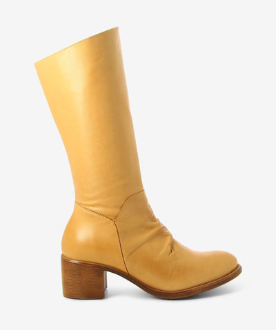 Tan leather mid-calf boots by EOS. It features a block heel, gentle ruched upper, and a soft pointed toe.