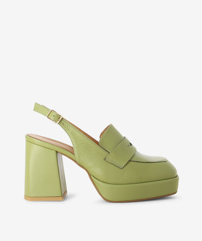 Green leather loafers by Epoche Xi. Is a slip-on style and features a pin ankle buckle with a high block heel, platform sole and a soft square toe.