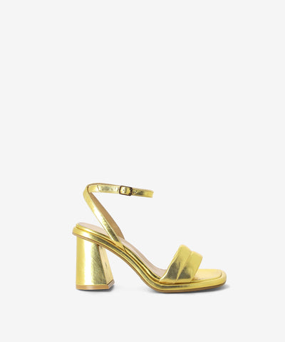 Oro metallic leather sandals by Epoche Xi. It has a wrap-around ankle pin-buckle strap and features a padded upper with block heel and a soft square toe.