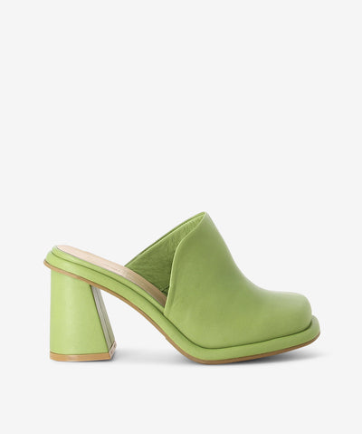 Green leather mules by Epoche Xi. Is a slip-on style and features a side cut detail with a chunky block heel and a soft square toe.