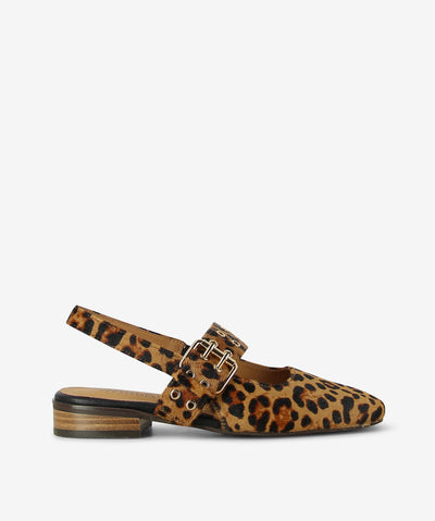 Add a touch of wild charm to your everyday look with the Sanon Sandal by Bresley. Crafted from luxurious leopard-print pony leather, this standout piece instantly elevates any outfit with its bold yet timeless appeal. This slingback style perfectly balances bold texture with effortless wear ability. Featuring a statement buckle strap with metallic eyelets and a low block heel, Sanon delivers just the right mix of edge and sophistication. The soft square toe and open-back design keep it light and modern. 