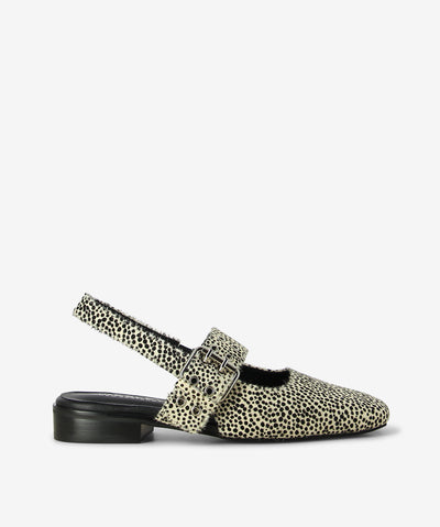 Add a touch of wild charm to your everyday look with the Sanon sandal by Bresley. Crafted in a striking snow leopard print pony upper, this slingback style perfectly balances bold texture with effortless wearability. Featuring a statement buckle strap with metallic eyelets and a low block heel, Sanon delivers just the right mix of edge and sophistication. The soft square toe and open-back design keep it light and modern — ideal for styling with cropped denim, linen skirts, or tailored pants.