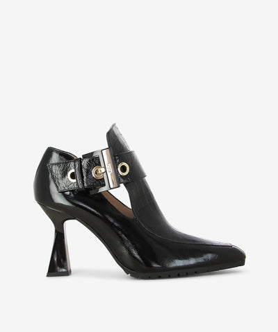 Black patent leather ankle boots by Lodi. It features a tapered component heel, croc-patterned upper panel with a large pin-buckle fastened strap, and a pointed toe.