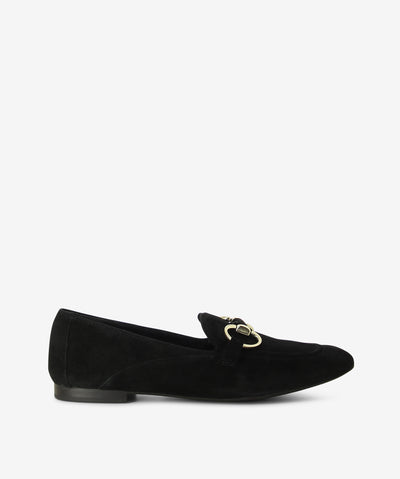 Black suede loafers by Martini Marco. It is a slip-on style and features chain detailing, a low block heel, and a round toe.