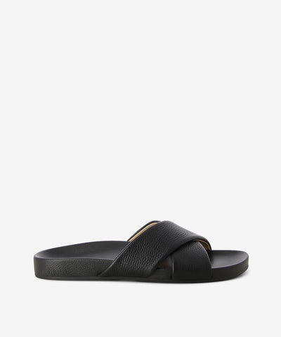 Comfortable and lightweight black leather slides by Rollie. It is a slip-on style that features cross over straps, a moulded footbed and a round toe.