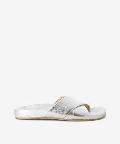 Comfortable and lightweight metallic silver leather slides by Rollie. It is a slip-on style that features crossover straps, a moulded footbed, and a round toe. 