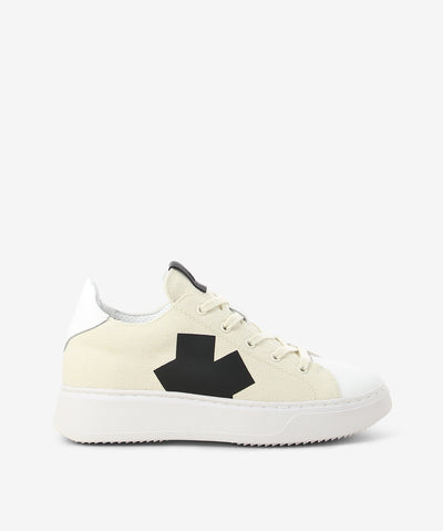 Off-white sneakers by Ixos. It is a lace up style and features a canvas upper, chunky sole, and a round contrasting toe.