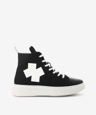 Black high-top sneakers by Ixos. It is a lace up style and features a canvas upper, chunky sole, and a round toe.