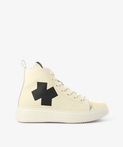 Off-white and platinum high-top sneakers by Ixos. It is a lace up style and features a canvas upper, chunky sole, and a round toe.