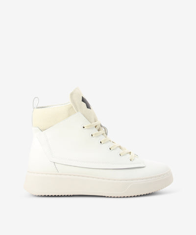 Off-white high-top sneakers by Ixos. It is a lace up style and features a layered leather and canvas upper, chunky sole, and a round toe.