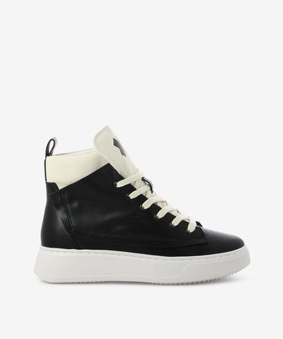 Black and off-white high-top sneakers by Ixos. It is a lace up style and features a layered leather and canvas upper, chunky sole, and a round toe.