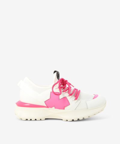 White and fuchsia sneakers by Ixos. It is a lace up style and features a mesh upper, chunky sole, and a round toe.