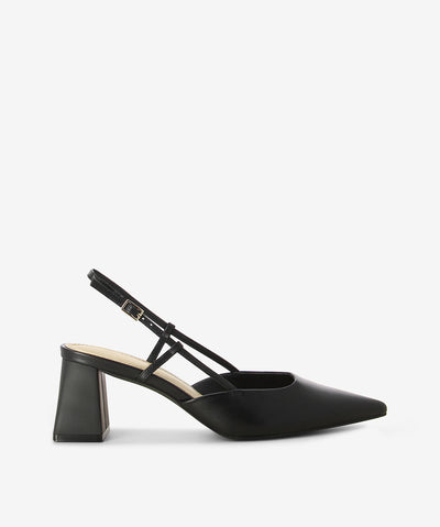 Black leather heels by Siren. It features a block heel, slingback strap with adjustable pin-buckle fastening, and an enclosed pointed toe.