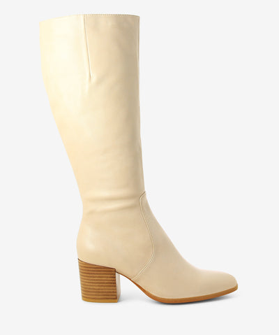 Off-white leather knee-high boots by Django & Juliette. It features a block heel, side zipper, and a pointed toe.