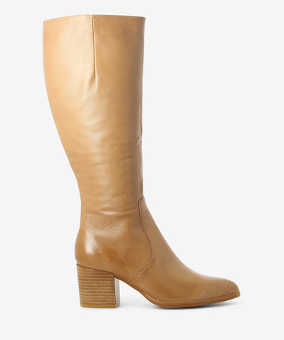 Tan leather knee-high boots by Django & Juliette. It features a block heel, side zipper, and a pointed toe.