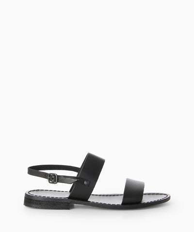 Black leather sandals with an ankle strap fastening and featuring a low stacked heel and a round toe.