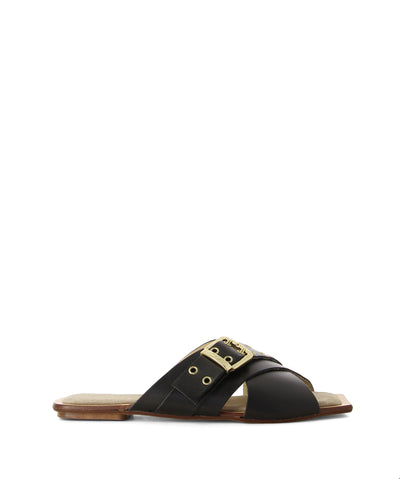 Italian made black leather slides by 2 Baia Vista, featuring a criss-cross upper with gold detailing and a square toe.