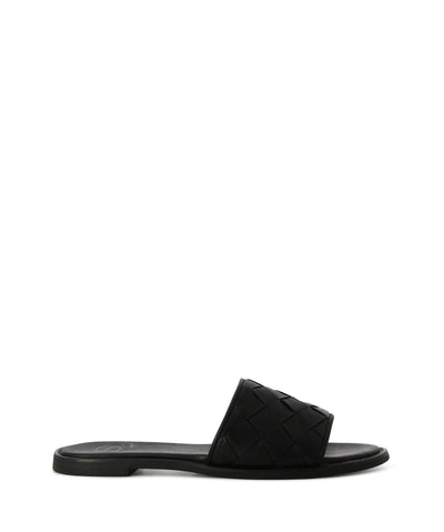 Black leather cushion slip-on slides featuring a criss-cross woven upper, cushioned lining, and a round toe by S Sempre Di.