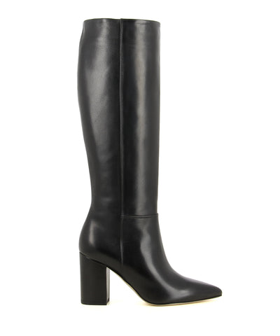 A black Italian leather knee high boot by Le Pepé. The '1349536' has an inner zipper fastening and features a block heel and a pointed toe.