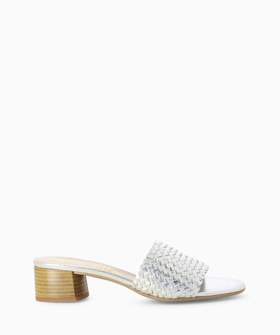 Silver metallic leather sandals with intrecciato woven upper, low block heel and an almond toe.