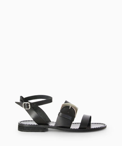 Black leather sandals with a low stacked heel, centre buckle detail and a round toe.