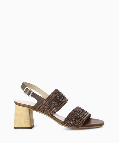 Brown woven heeled sandals with a woven upper, block heel and a round toe.