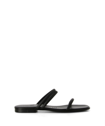 Black leather slides featuring a single strap across the front of the foot, a double strap across mid-foot and a soft square toe by Antichi Romani.