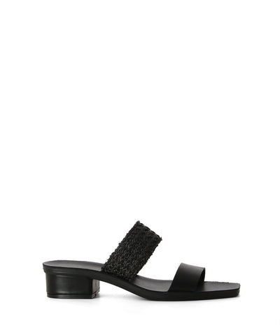  Black leather slip-on mules featuring one strap with woven detailing and another that is smooth leather, a low block heel, a flexible sole and a soft square toe by ANTENEO.