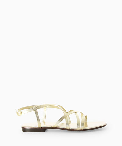 Handcrafted Italian gold leather sandals with a strappy upper and a soft square toe.