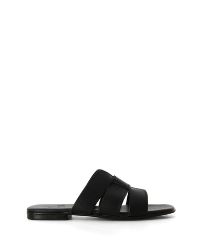 Black leather flat slides featuring a banded upper and a round toe by Antichi Romani.