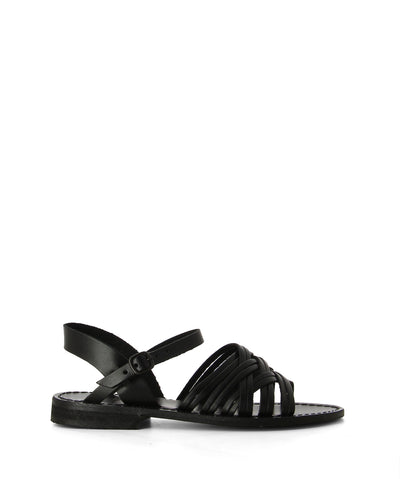 A black leather roman sandal featuring an ankle strap and fastening, a strappy upper, a short block heel, and a round toe by Antichi Romani.