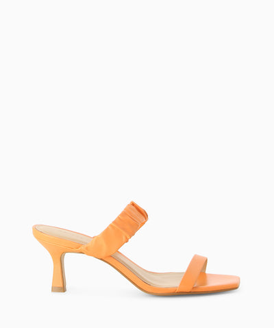 Mango leather heeled sandals with a ruched top strap, kitten heel and a soft square toe.