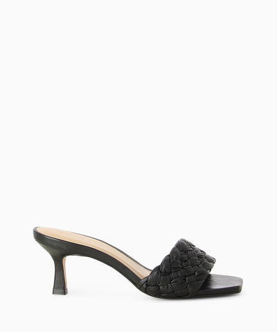 Black leather mules with a woven intrecciato upper, kitten heel and a soft square toe.