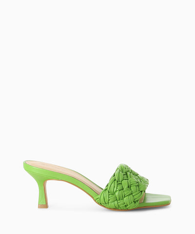 Green leather mules with a woven intrecciato upper, kitten heel and a soft square toe.