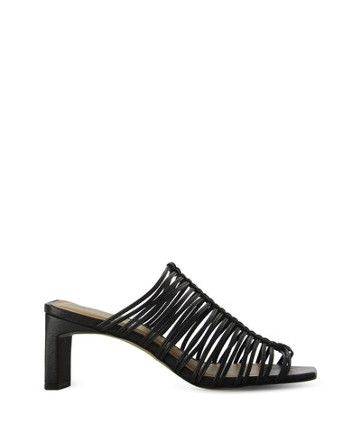 Black multi-strap heeled mules featuring multiple straps to the upper, a rectangular heel, and a square toe by Sempre Di. 